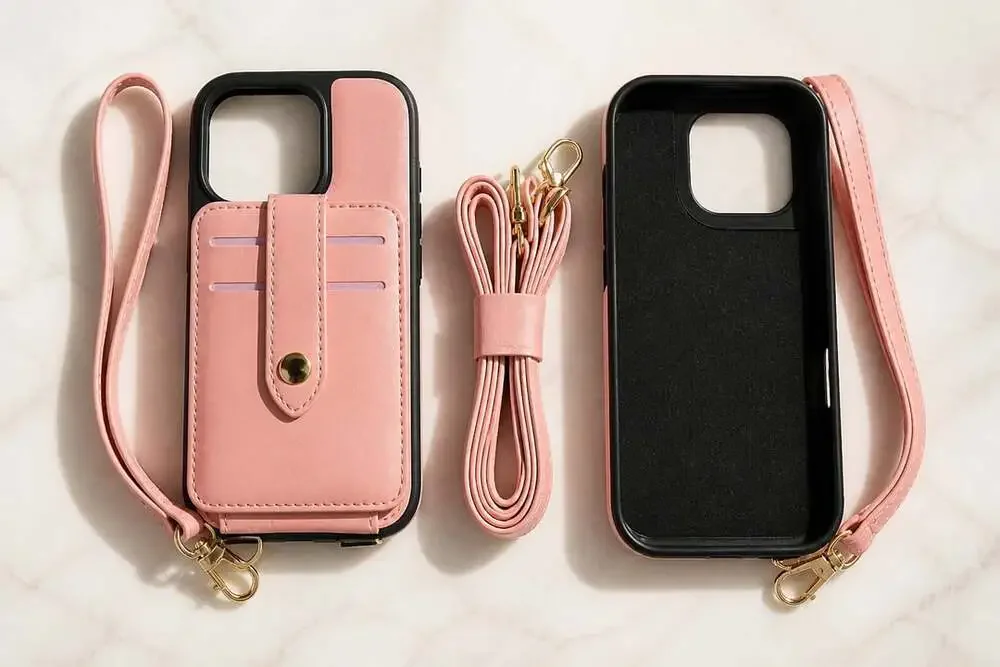 Oteck Crossbody Wallet Case with Lanyard and Card Holder for iPhone 16 Pro, Pink